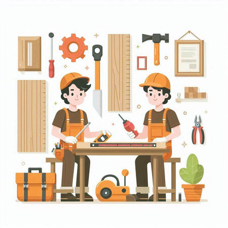 Carpenter working with tools. Vector illustration in cartoon style.のイラスト素材
