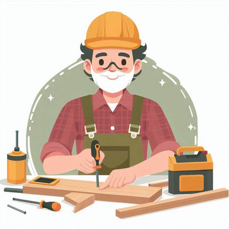Carpenter working with tools. Vector illustration in cartoon style.のイラスト素材