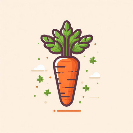 Carrot with leaves and clover. Vector illustration in flat linear style.のイラスト素材