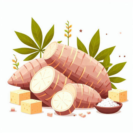 Illustration of sweet potato, taro and sugar cubes on white backgroundのイラスト素材