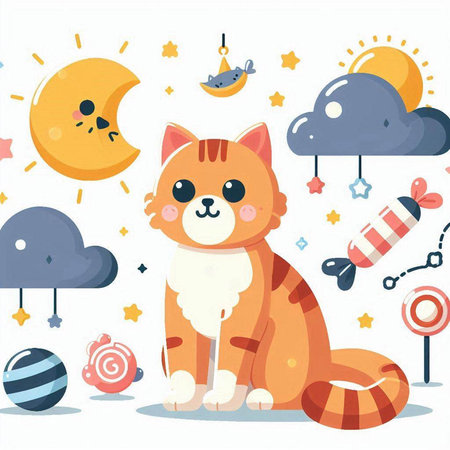 Cute cat on the background of the moon and stars. Vector illustration.のイラスト素材