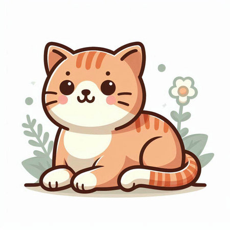 Cute cat sitting on the floor with flowers. Vector illustration.のイラスト素材