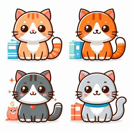 Cute cartoon cat character with different facial expressions. Vector illustration.のイラスト素材