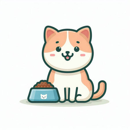 Cute cartoon cat with bowl of dog food. Vector illustration.のイラスト素材