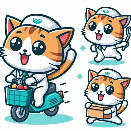 Cute Cartoon Cat on a Scooter - Mascot Characterのイラスト素材