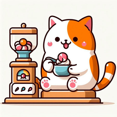 Cute cat with a cup of tea. Vector cartoon illustration.のイラスト素材