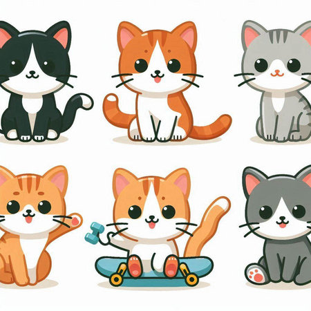 Cute cat cartoon character vector illustration. Collection of cute cats with skateboard, skateboard and skateboard.のイラスト素材