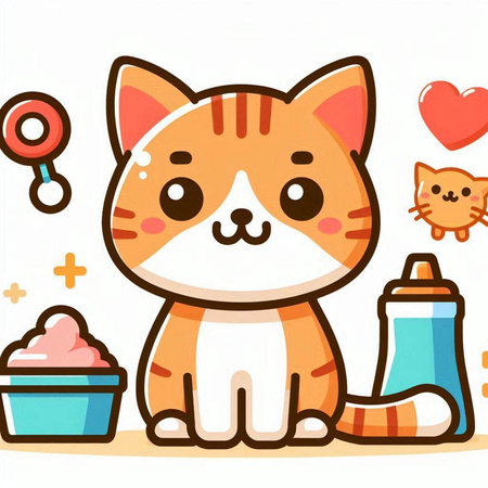 Cute cat with food and toys. Vector illustration in cartoon style.のイラスト素材