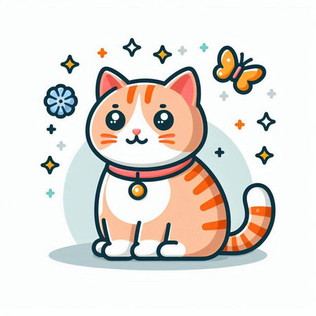 Cute cartoon cat with butterfly and stars on white background. Vector illustration.のイラスト素材