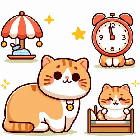 Cute cat and alarm clock. Cartoon style. Vector illustration.のイラスト素材