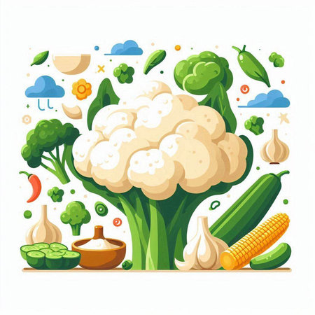 Cauliflower, garlic, cucumber, onion, pepper, parsley, broccoli, carrot, peas, corn. Vegetarian food. Vector illustrationのイラスト素材