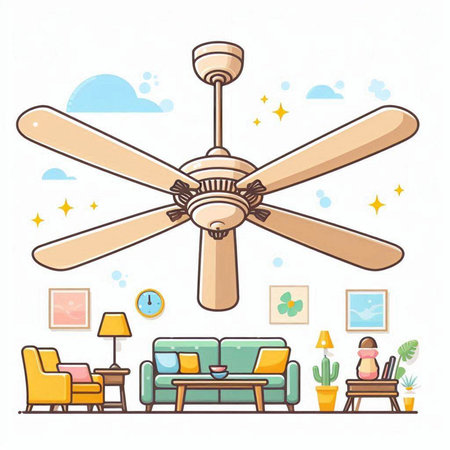 Ceiling fan in living room. Vector illustration in cartoon styleのイラスト素材