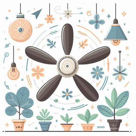 Vector illustration of propeller, fan, flowerpot, lamp. Flat style.のイラスト素材
