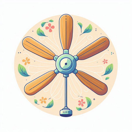 Vintage electric fan on round background with floral ornament. Colorful vector illustration.のイラスト素材