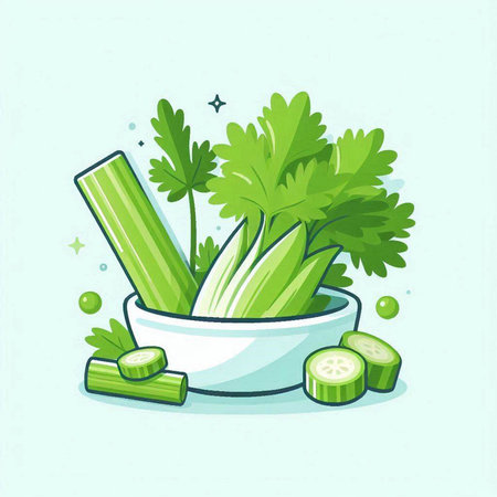 Vector illustration of fresh green celery and parsley in a mortar.のイラスト素材