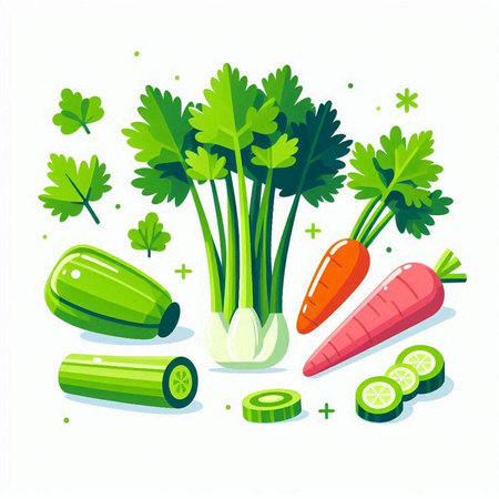Vegetables vector illustration. Cucumber, carrot, celery, parsley, onion, cucumber, parsley.のイラスト素材