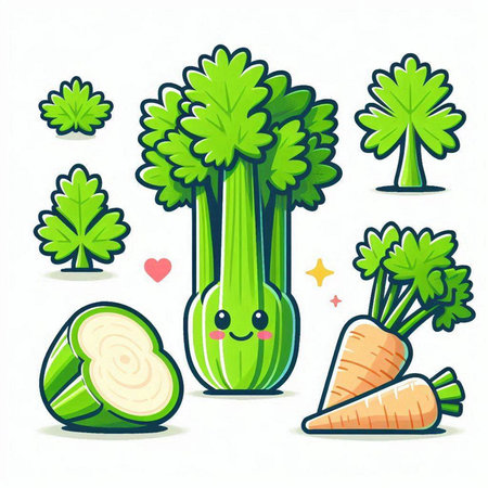 Cute celery vegetable character vector illustration. Cute celery vegetable cartoon character.のイラスト素材