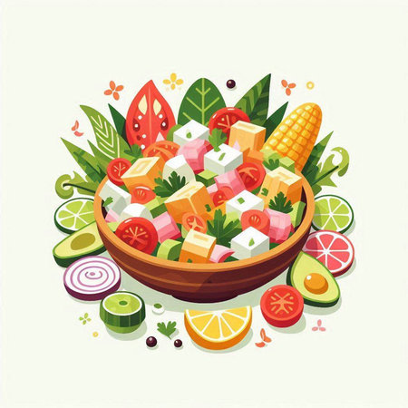 Vegetable salad in a bowl. Healthy food. Vector illustration.のイラスト素材