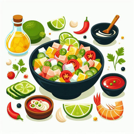 Salad with salmon, tomato, cucumber, onion, peppernnaisennaise and spices. Vector illustration.のイラスト素材