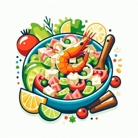 Salad with shrimps and vegetables in bowl. Vector illustration.のイラスト素材