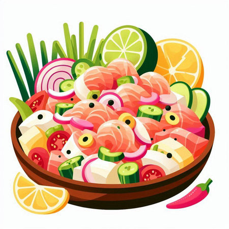 Salad with salmon, avocado, cucumber, onion, tomato and mayonnaise in a wooden bowl.のイラスト素材