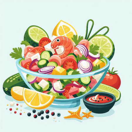 Salad with salmon, cucumber, tomato, onion, pepper and lime in a bowl.のイラスト素材