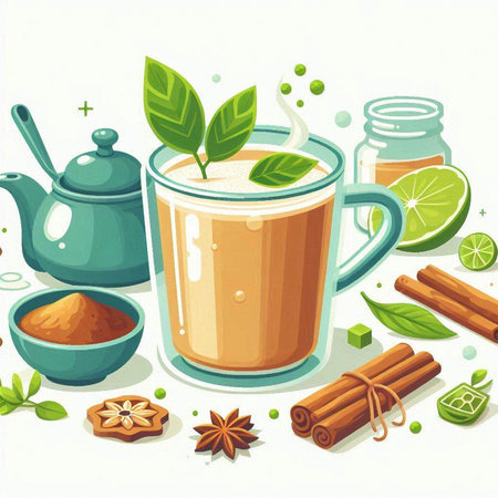 Mulled tea with spices and herbs. Vector illustration in cartoon style.のイラスト素材