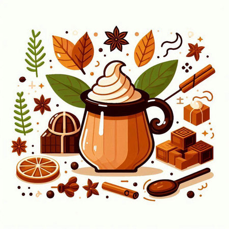 Cup of hot cocoa with whipped cream, cinnamon, star anise, cloves, gingerbread and leaves. Vector illustration.のイラスト素材