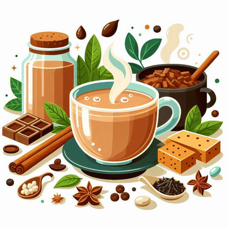 Cup of coffee with milk and spices. Vector illustration on white background.のイラスト素材