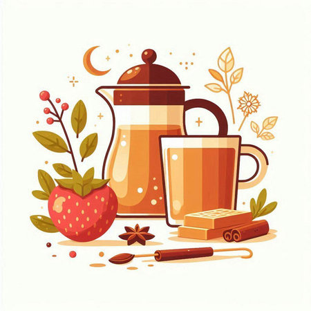 Cup of hot tea with cinnamon, star anise and apple. Vector illustration.のイラスト素材