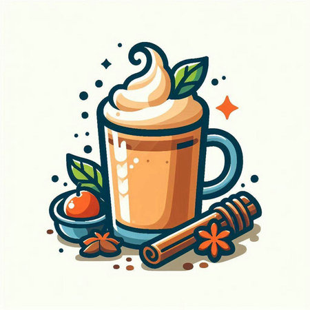 Cup of coffee with whipped cream, cinnamon, star anise, apple, cinnamon sticks. Vector illustration.のイラスト素材
