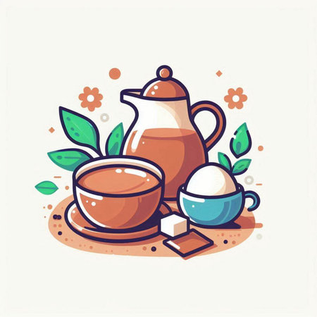 teapot and cup of tea, flat design, vector illustrationのイラスト素材