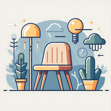 Vector illustration in flat linear style with chair, lamp and houseplants.のイラスト素材