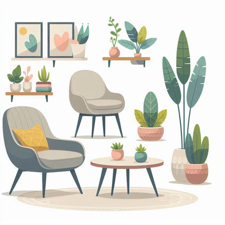 Living room interior with armchair and plants. Flat vector illustration.のイラスト素材