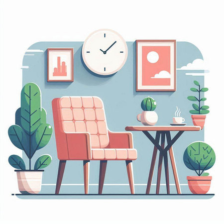 Living room interior with armchair, coffee table, plant and clock. Vector illustrationのイラスト素材