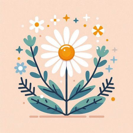 Cute floral background with daisies and stars. Vector illustration.のイラスト素材