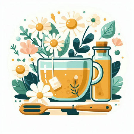 Cup of herbal tea with chamomile. Vector illustration in flat styleのイラスト素材