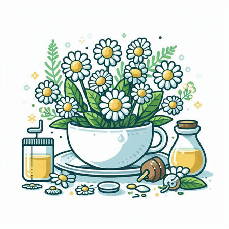 Chamomile tea set. Chamomile tea, chamomile flowers, honey in a bowl. Vector illustration.のイラスト素材