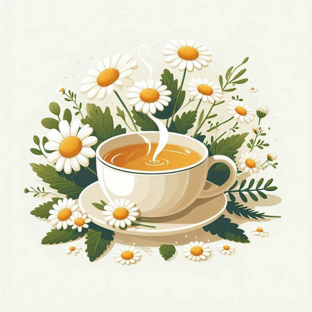 Cup of tea with chamomile flowers. Vector illustration.のイラスト素材