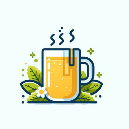 Cup of tea with chamomile and leaves. Vector illustration.のイラスト素材