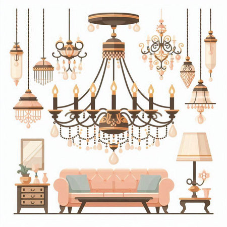 Set of chandeliers and lamps in vintage style. Vector illustrationのイラスト素材