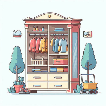 Closet with different clothes in the store. Vector illustration.のイラスト素材