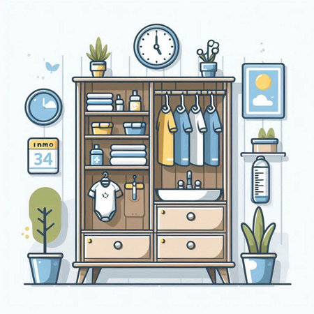 Vector illustration in flat linear style - bathroom interior with furniture and accessories.のイラスト素材