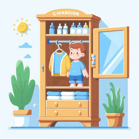 Cute little boy with clothes in the wardrobe. Vector illustration.のイラスト素材