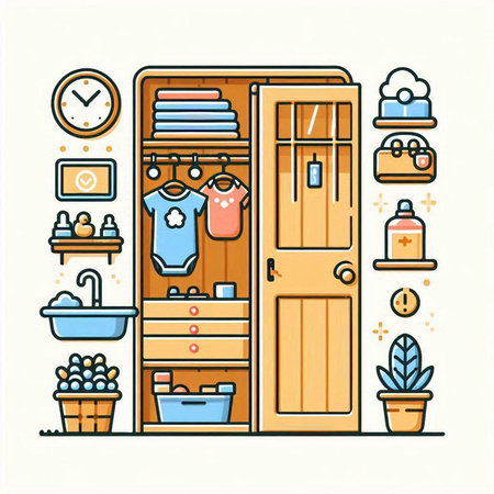 Closet with different furniture and accessories. Vector illustration in linear styleのイラスト素材