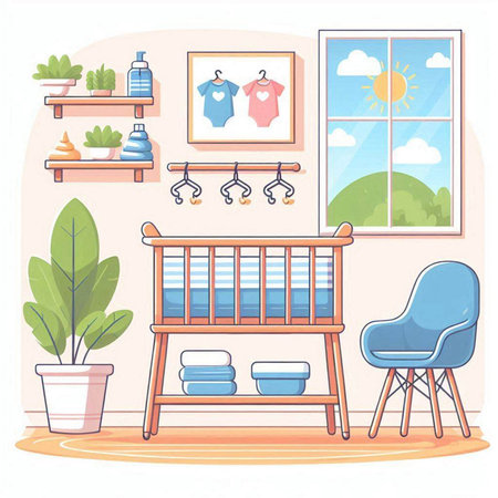 Baby room interior with furniture and accessories. Vector illustration in cartoon styleのイラスト素材