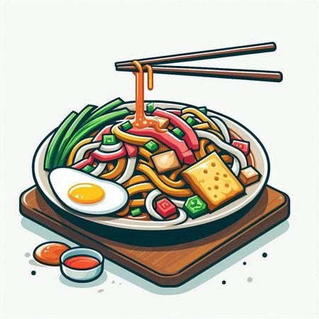 Illustration of a noodle dish with chopsticks and egg.のイラスト素材