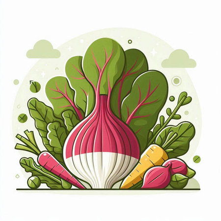 Vegetables vector illustration. Onion, carrot, beetroot, radish, parsley.のイラスト素材