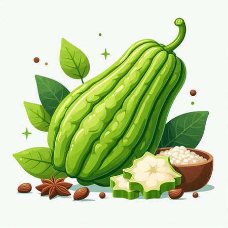 Illustration of green bitter melon on a white background. Vector illustration.のイラスト素材