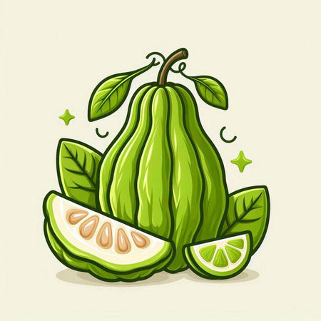 Illustration of guava fruit with leaf and slice on white backgroundのイラスト素材